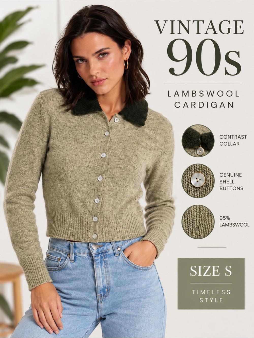 Vintage 90s Lambswool Cardigan Sage Green Contrast Collar Cropped Sweater S